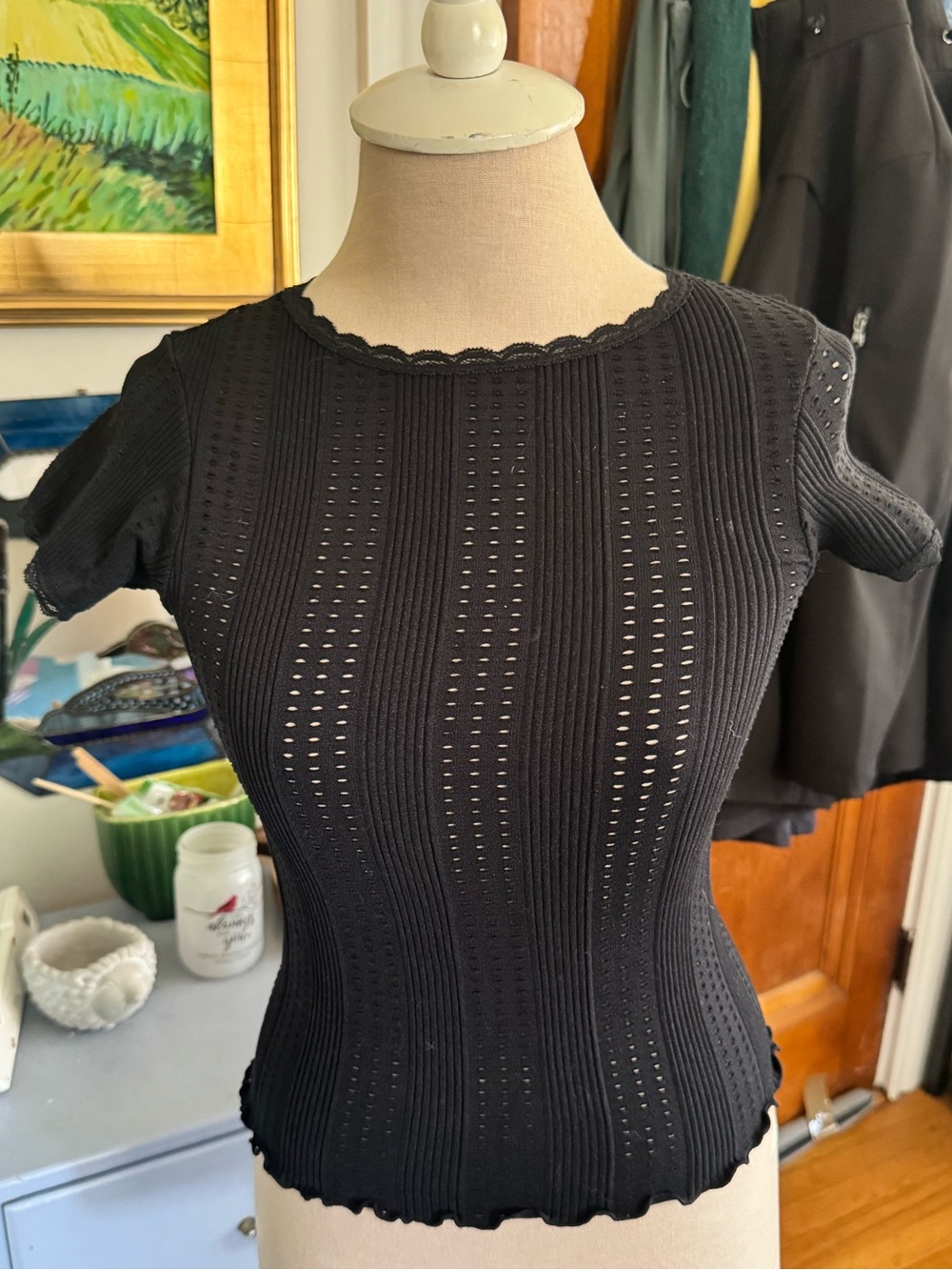 Poof! New York Black Knit Crop Top with Pointelle Detail M/L Clubwear VGUC